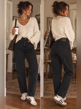 VTG 90s Lee High Rise Side Elastic Tapered Mom Jeans Washed Black Waist 15 Flat